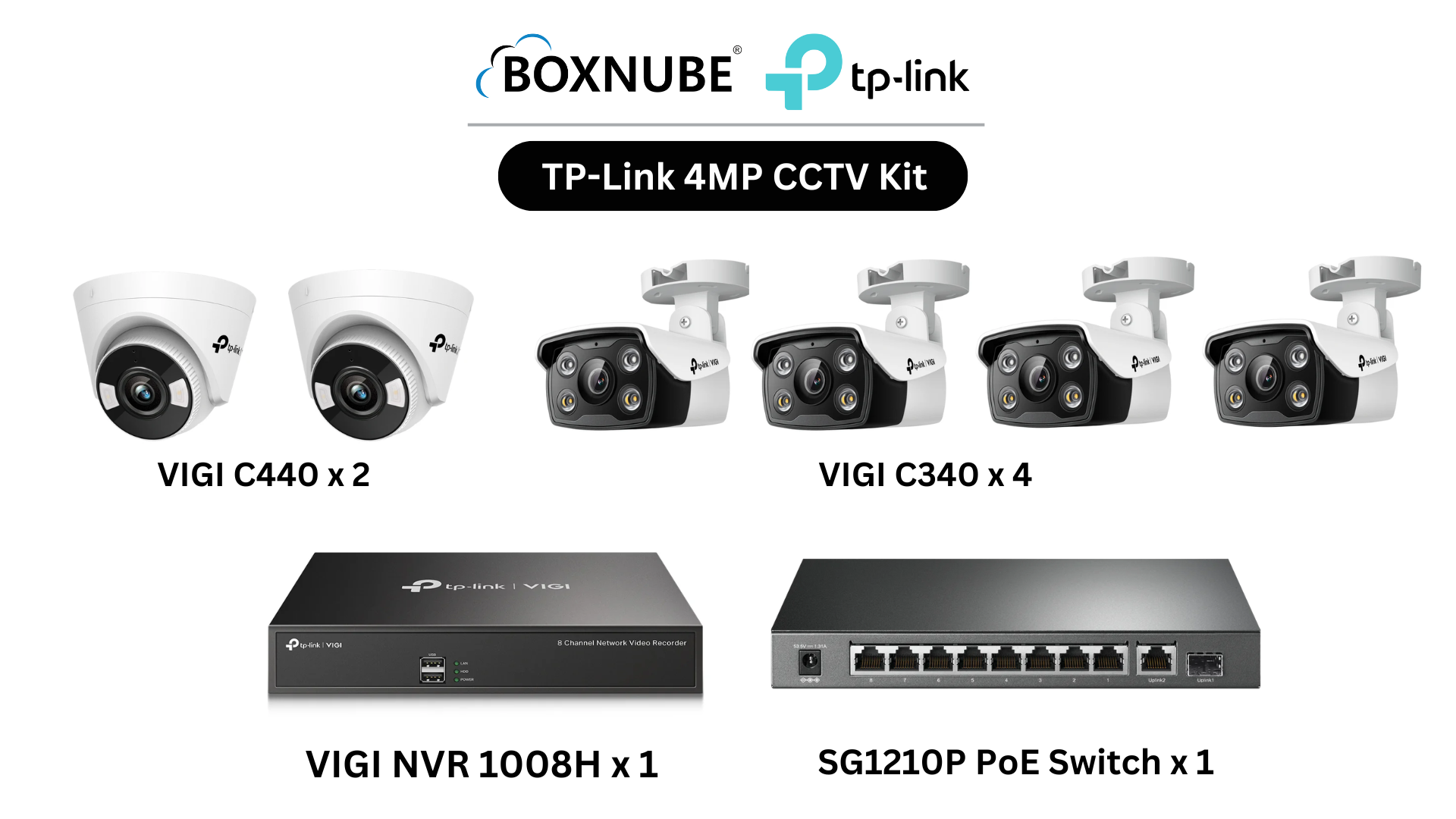 TP-Link VIGI 4MP Full HD 2-Way Audio 6 Camera Kit Bundle | 4 x VIGI C340 Bullet, 2 x VIGI C440 Turret, 8 Channel NVR, 8 Port PoE Gigabit Switch TP-Link VIGI 4MP Full HD 2-Way Audio 6 Camera Kit Bundle | 4 x VIGI C340 Bullet, 2 x VIGI C440 Turret, 8 Channel NVR, 8 Port PoE Gigabit Switch